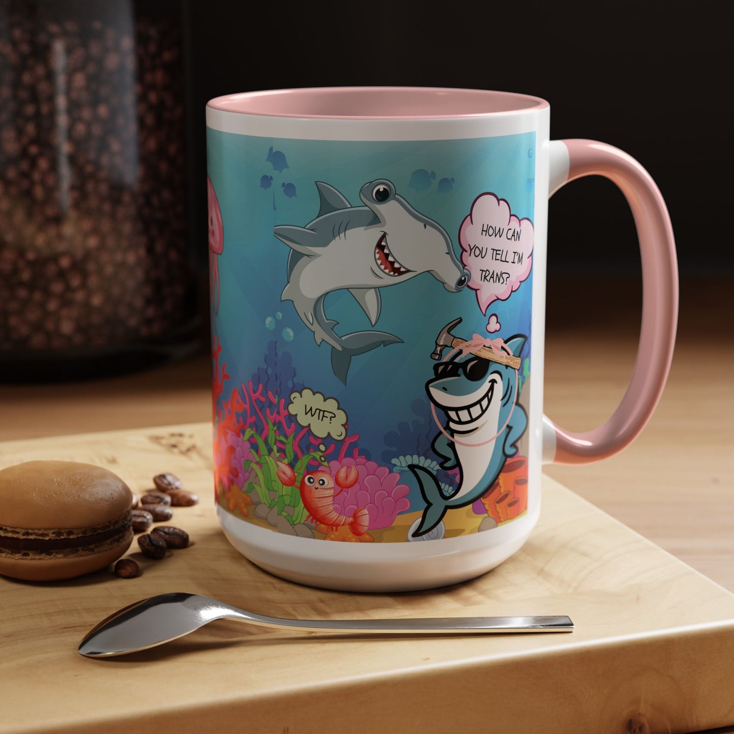Ceramic Coffee Mug — Funny Tropical Sharks "How Can You Tell I’m Trans?"