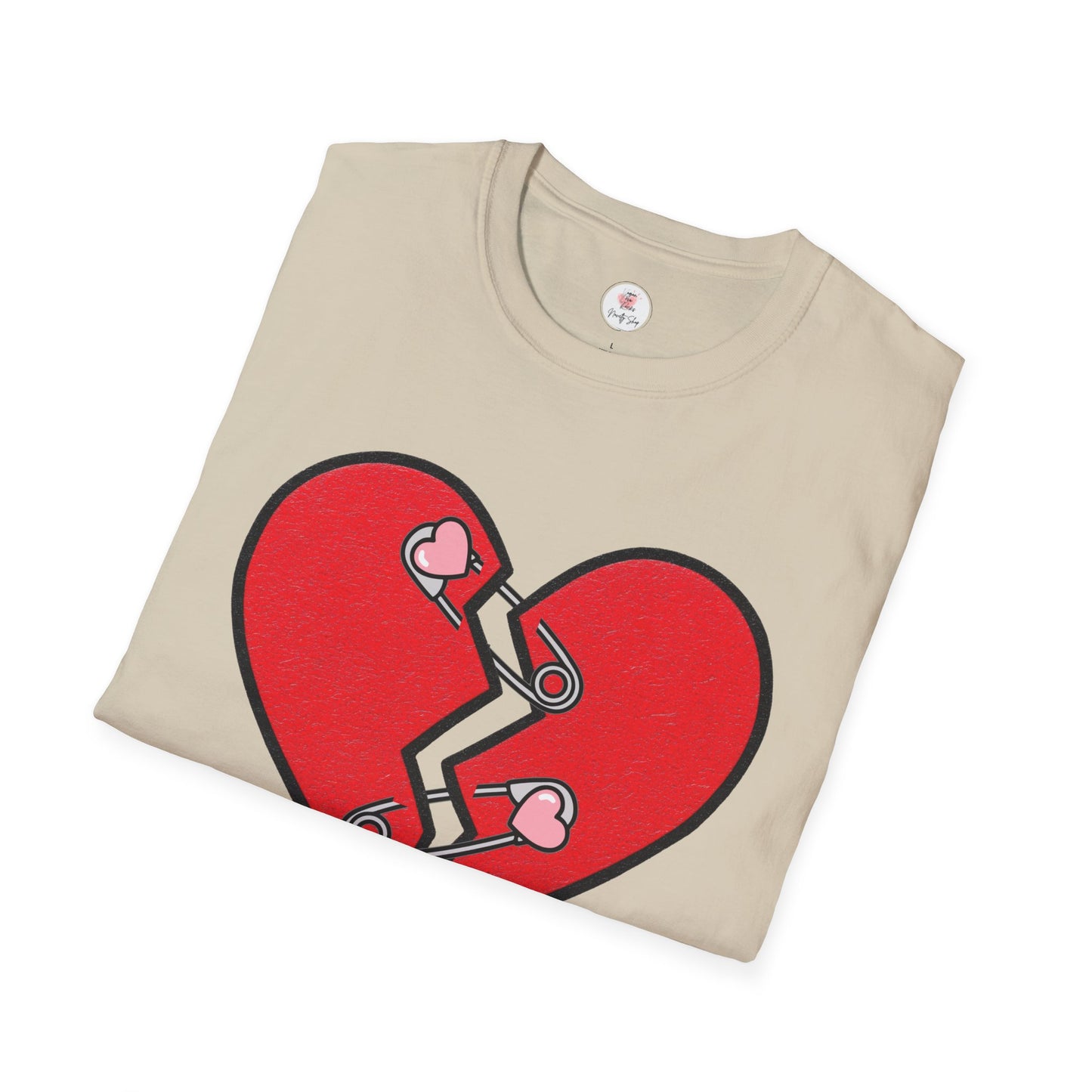 Mended Broken Heart T-Shirt —  Cracked Heart with Safety Pins Graphic