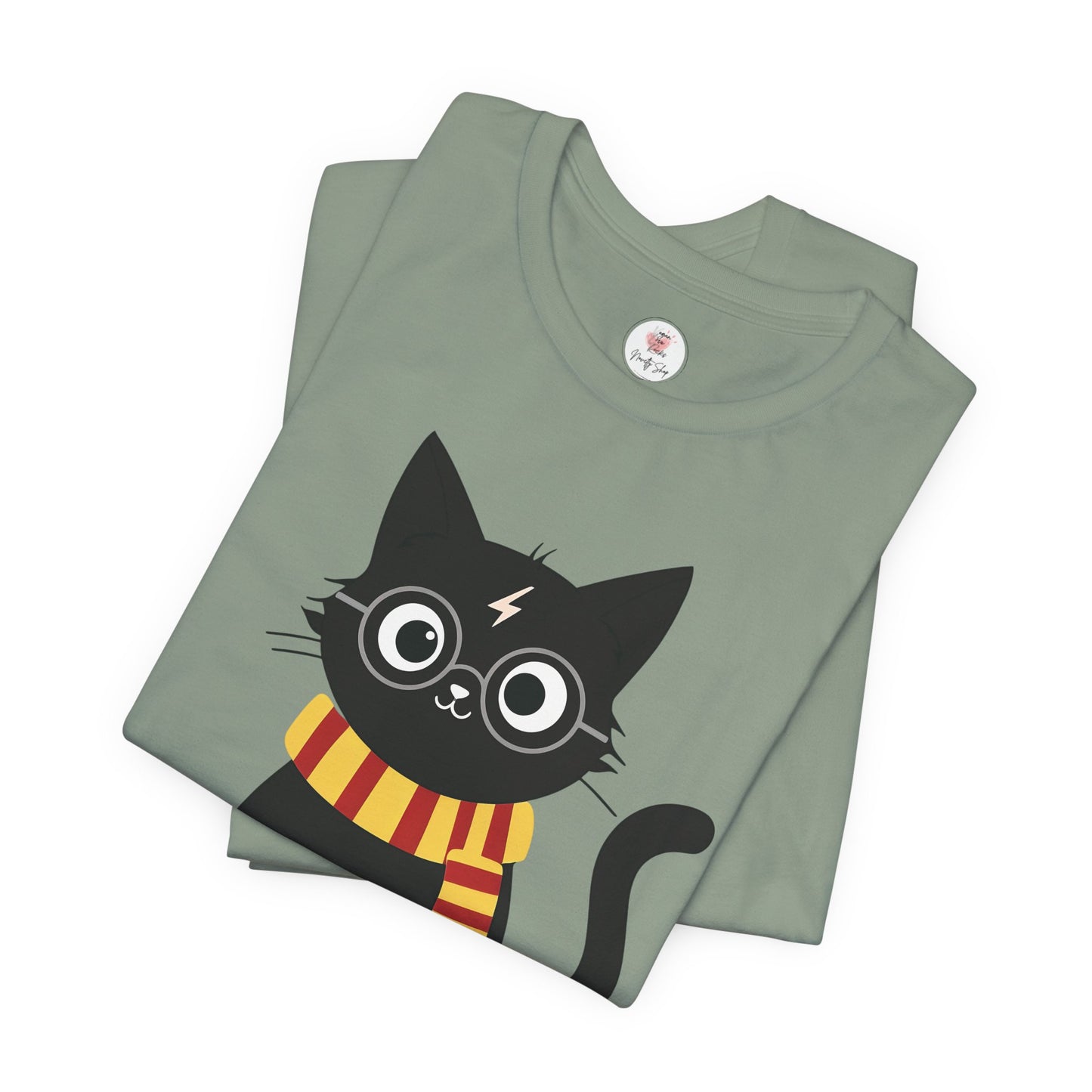 Wizard Cat Graphic Tee – Cute Black Cat with Scarf & Lightning Bolt