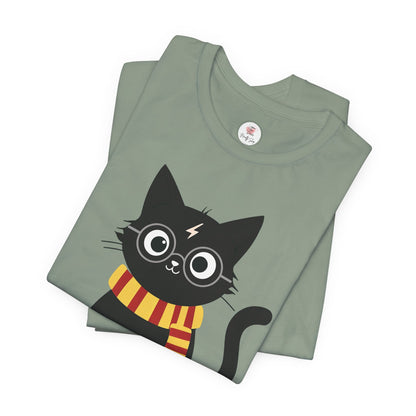 Wizard Cat Graphic Tee – Cute Black Cat with Scarf & Lightning Bolt