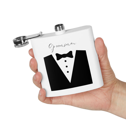 Groomsmen Tuxedo Stainless Steel Flask – 6-oz Wedding Party Favor