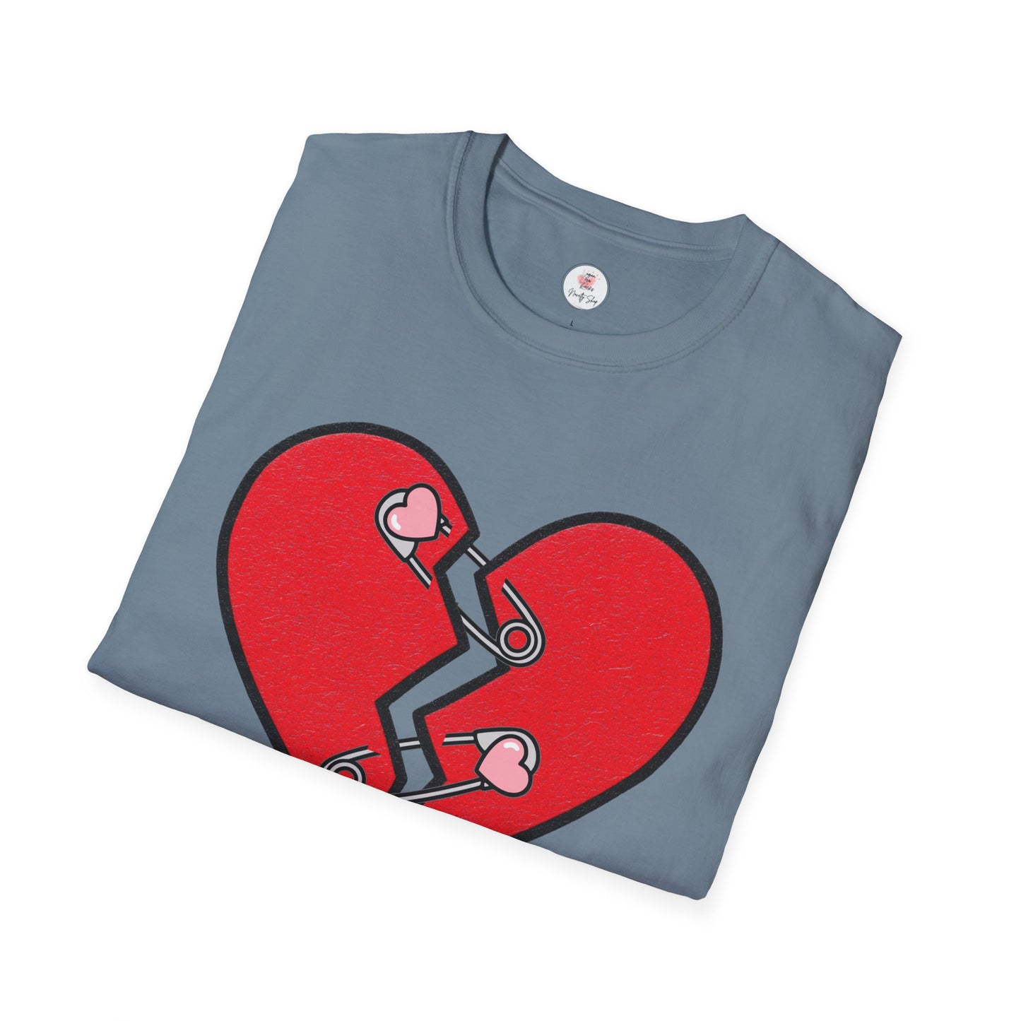 Mended Broken Heart T-Shirt —  Cracked Heart with Safety Pins Graphic