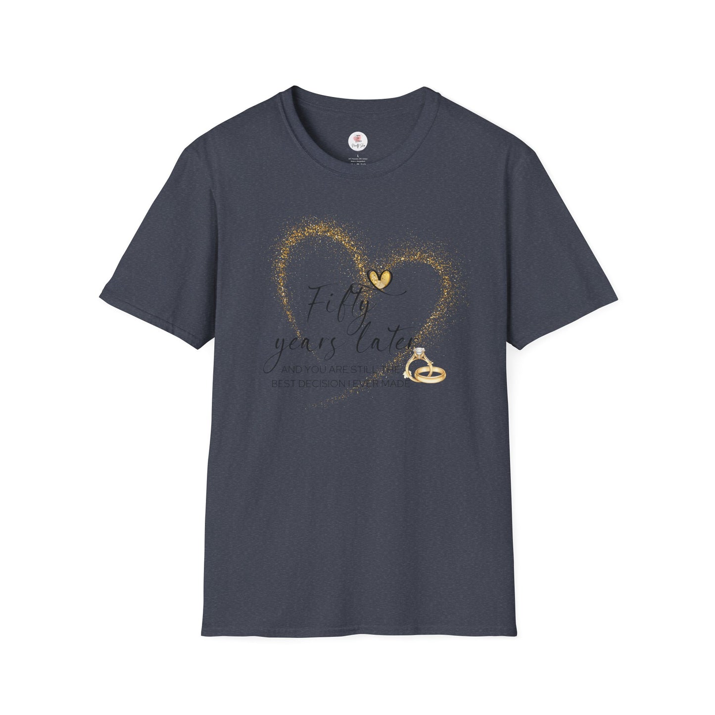 50th Anniversary T-Shirt – "Fifty Years Later" Gold Heart & Rings Celebration Tee