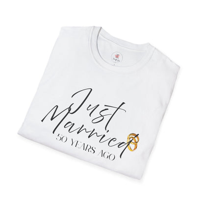 50th Anniversary T-Shirt — ‘Just Married (50 Years Ago)’ Anniversary Celebration Tee  https://www.veganlove.rocks/