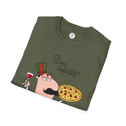 Pizza Chef T-Shirt – "Bon Appetit" Cartoon Italian Pizza & Wine Tee