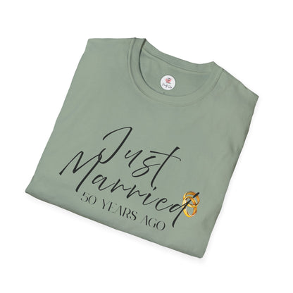 50th Anniversary T-Shirt — ‘Just Married (50 Years Ago)’ Anniversary Celebration Tee  https://www.veganlove.rocks/