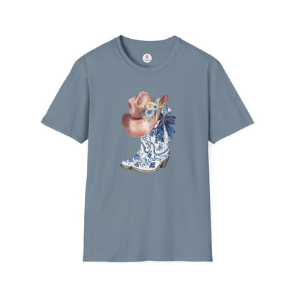 Cowgirl Boots & Hat T-Shirt — Blue Floral Western Graphic Tee