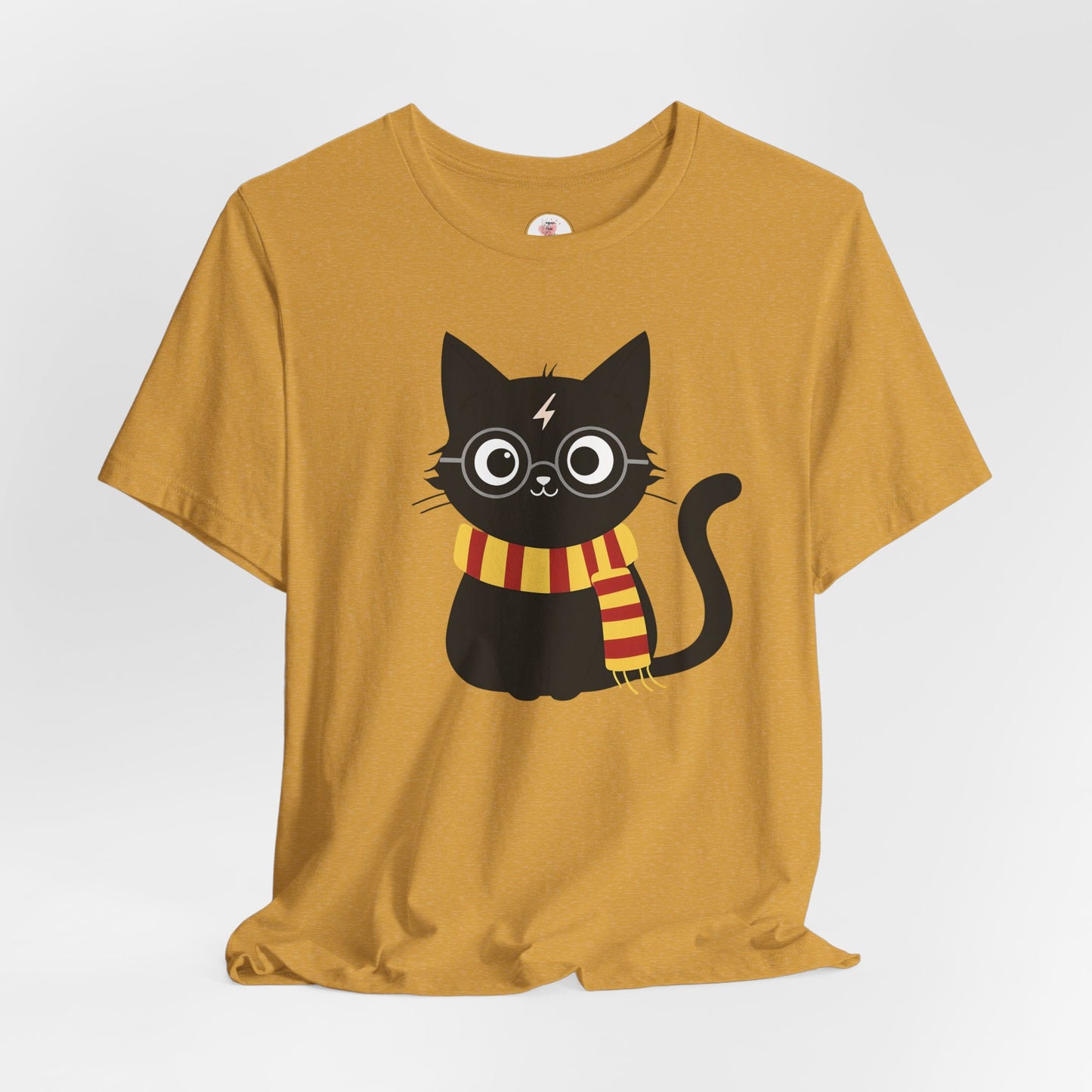 Wizard Cat Graphic Tee – Cute Black Cat with Scarf & Lightning Bolt