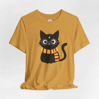 Wizard Cat Graphic Tee – Cute Black Cat with Scarf & Lightning Bolt