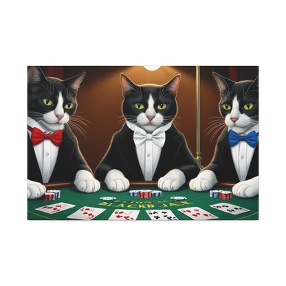 Patriotic Cats Blackjack Night Canvas Print — Tuxedo Cats with Red, White & Blue Bowties
