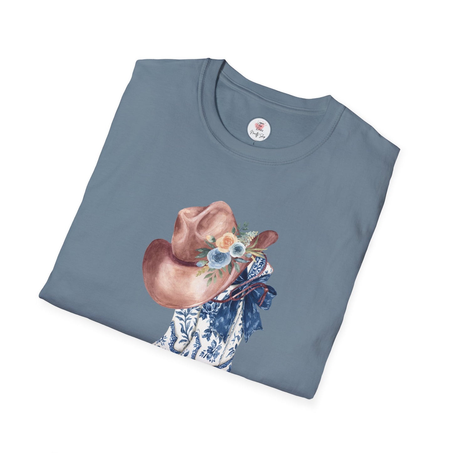 Cowgirl Boots & Hat T-Shirt — Blue Floral Western Graphic Tee