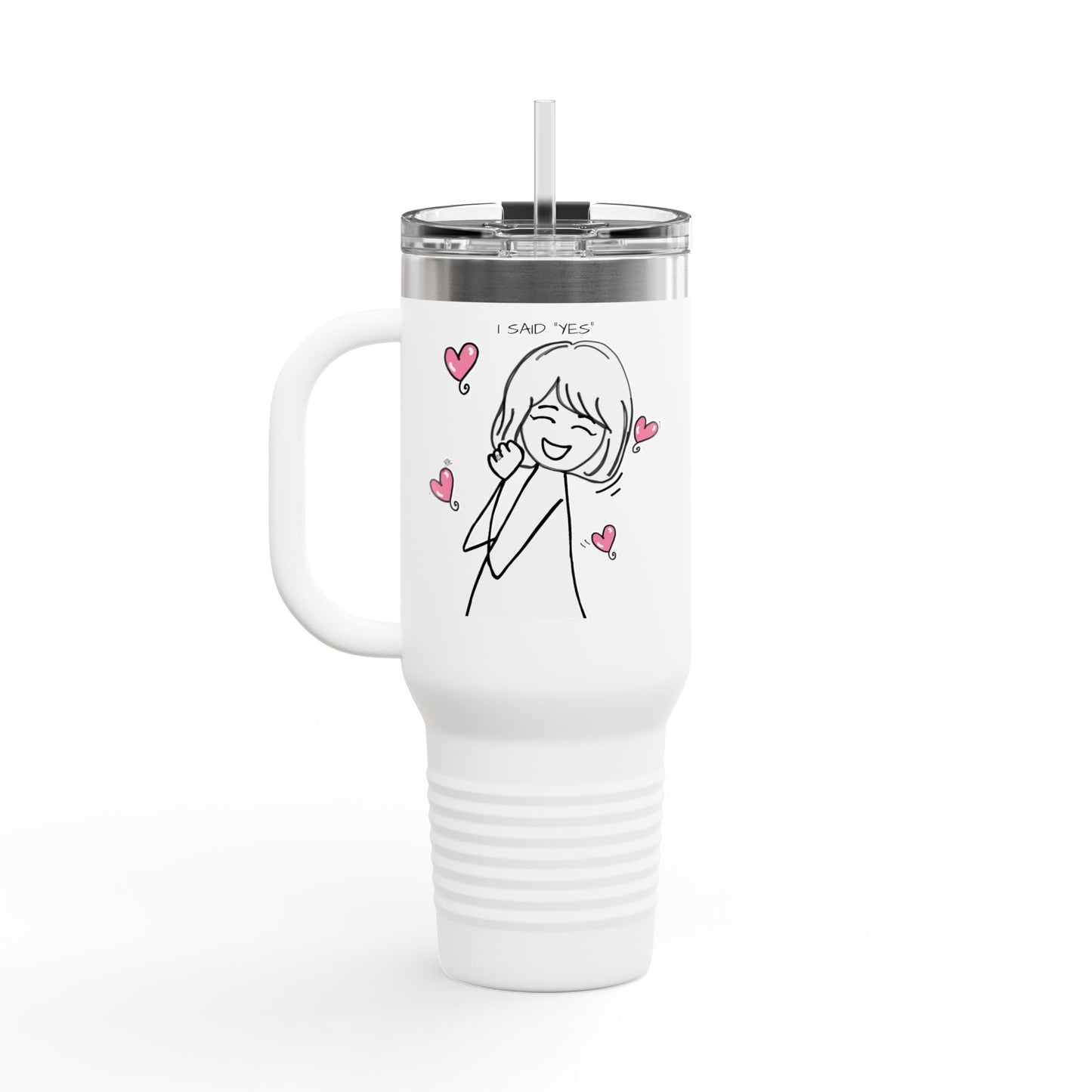 Cute Girl Illustration with Pink Hearts -“I Said Yes”  40-oz Insulated Travel Mug
