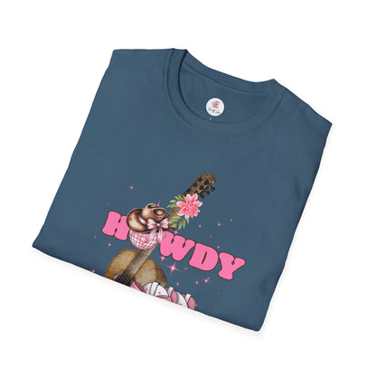 Howdy Cowboy Guitar Adult T‑Shirt — Pink Floral Cowgirl Boots & Guitar Tee