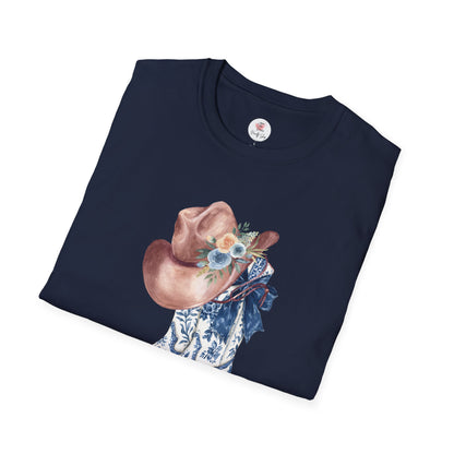 Cowgirl Boots & Hat T-Shirt — Blue Floral Western Graphic Tee