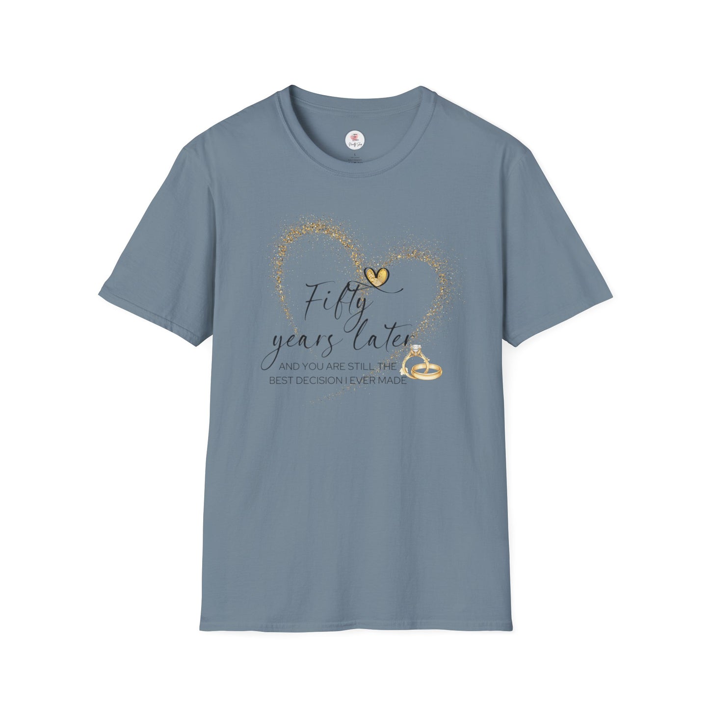 50th Anniversary T-Shirt – "Fifty Years Later" Gold Heart & Rings Celebration Tee