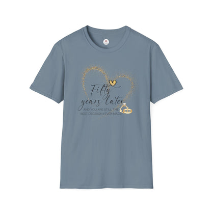 50th Anniversary T-Shirt – "Fifty Years Later" Gold Heart & Rings Celebration Tee