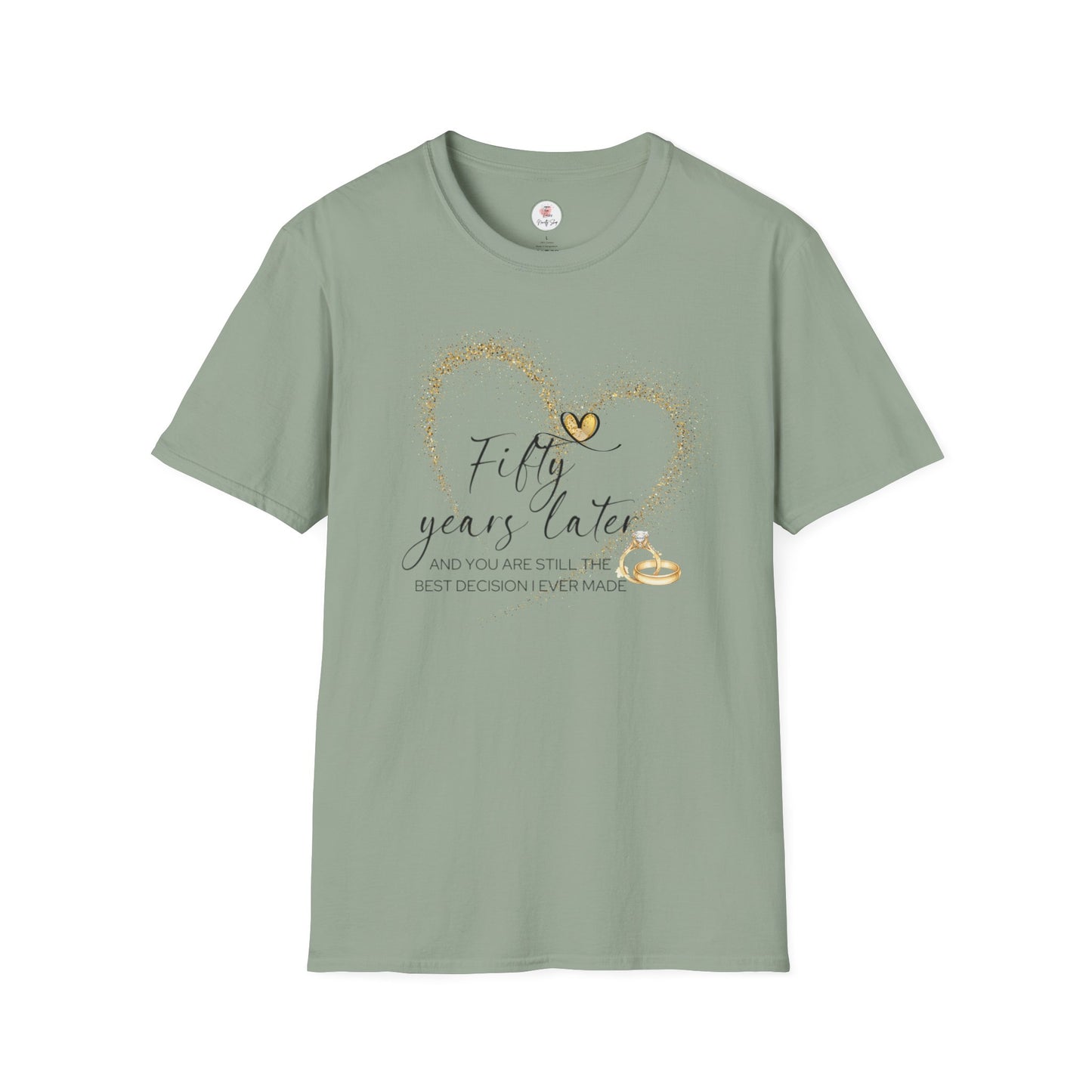 50th Anniversary T-Shirt – "Fifty Years Later" Gold Heart & Rings Celebration Tee