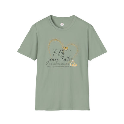 50th Anniversary T-Shirt – "Fifty Years Later" Gold Heart & Rings Celebration Tee