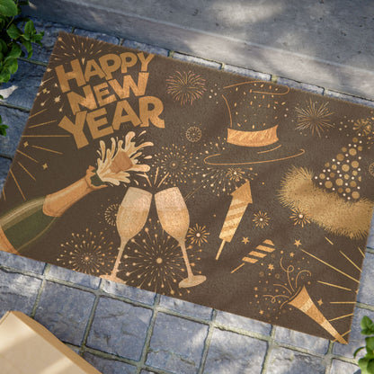 Happy New Year Doormat — Festive Champagne & Fireworks Entry Rug
