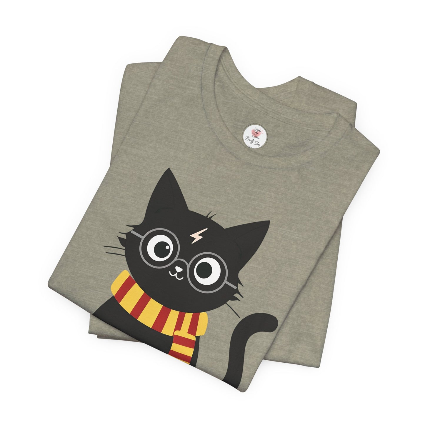 Wizard Cat Graphic Tee – Cute Black Cat with Scarf & Lightning Bolt
