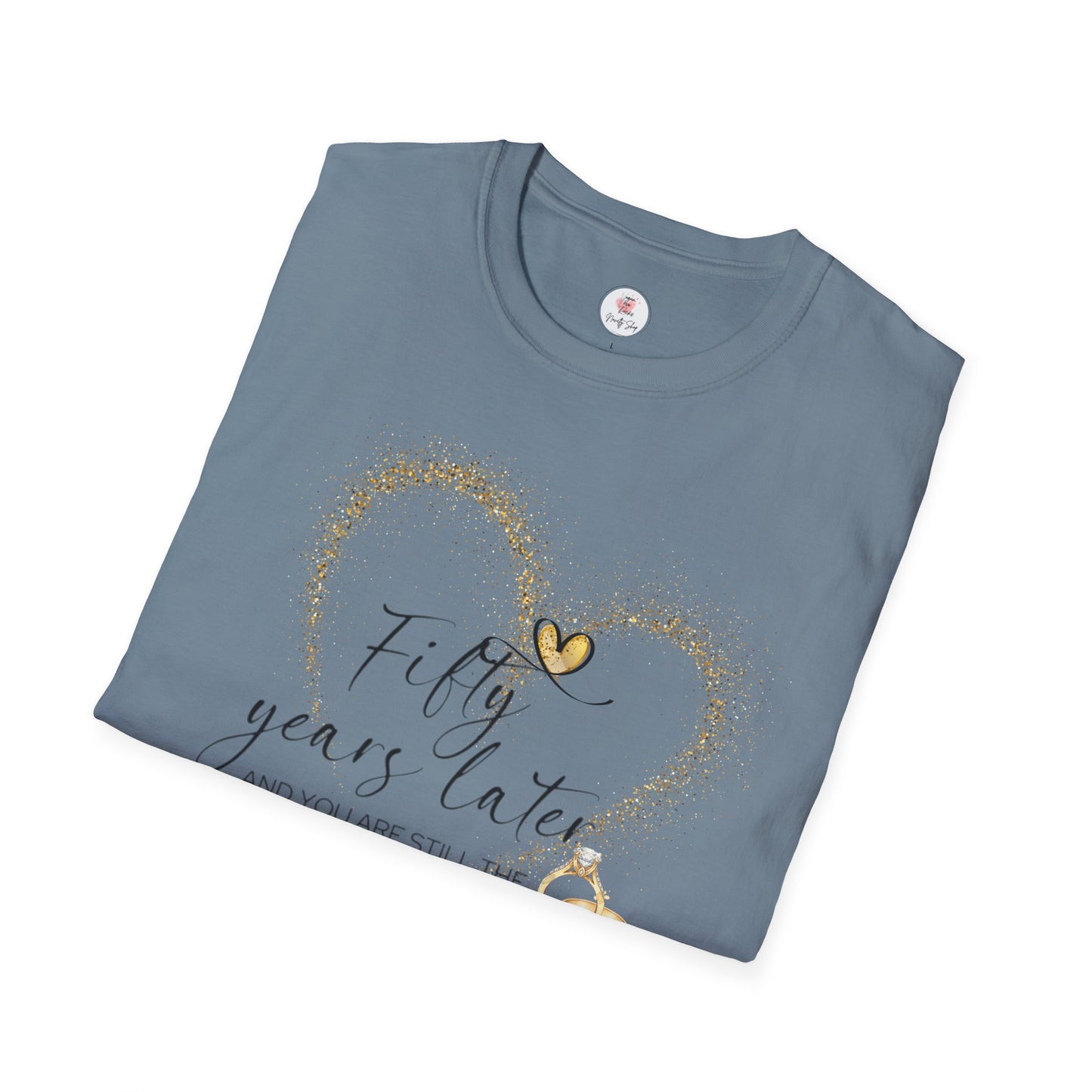 50th Anniversary T-Shirt – "Fifty Years Later" Gold Heart & Rings Celebration Tee