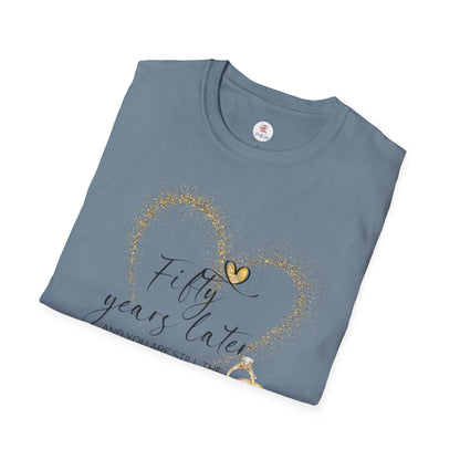 50th Anniversary T-Shirt – "Fifty Years Later" Gold Heart & Rings Celebration Tee