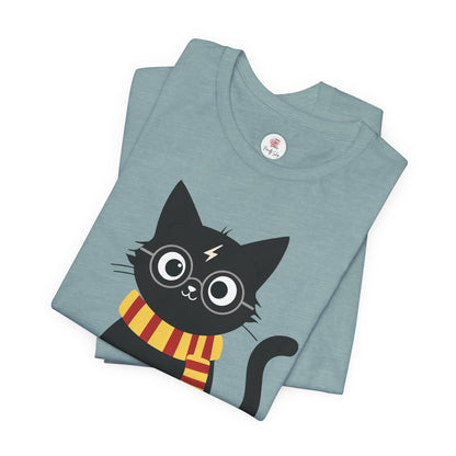 Wizard Cat Graphic Tee – Cute Black Cat with Scarf & Lightning Bolt
