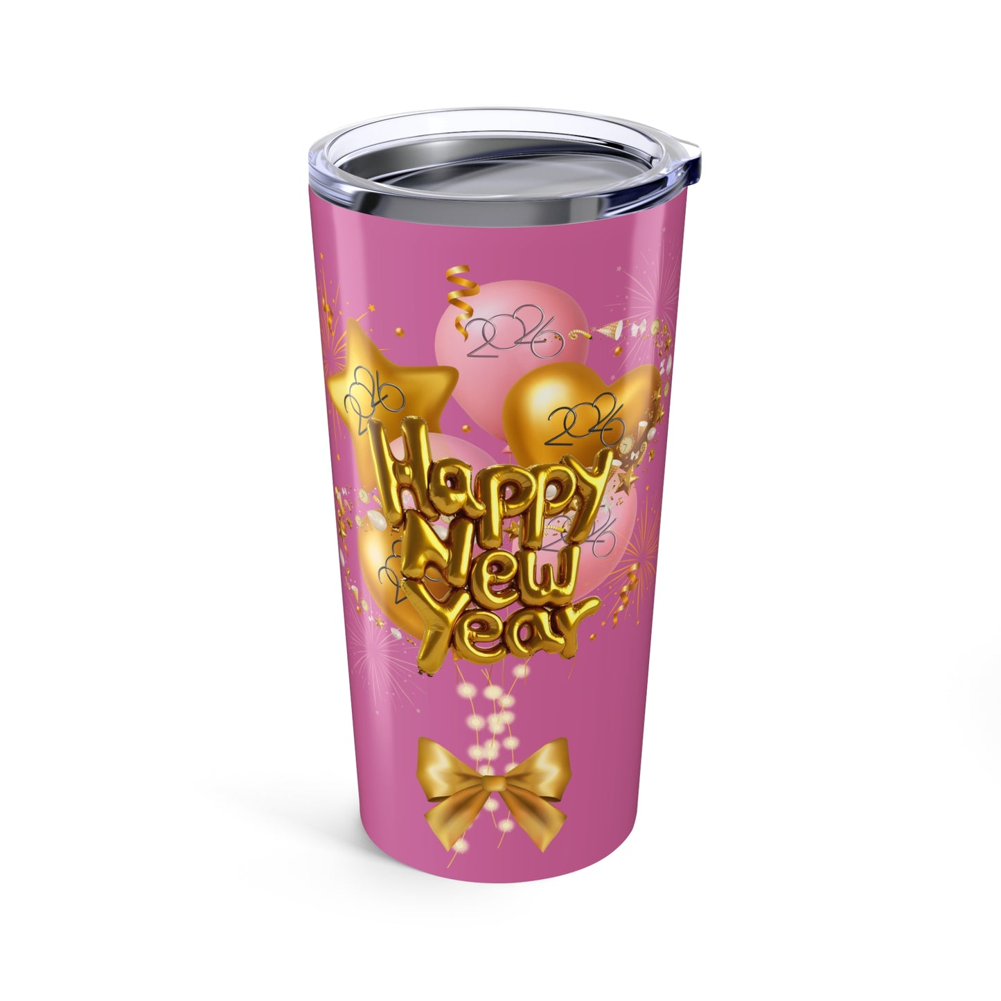 Happy New Year 20oz Pink Star & Hearts Tumbler — Sparkling Gold Travel Cup