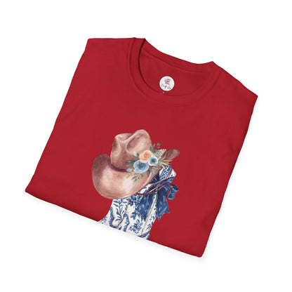 Cowgirl Boots & Hat T-Shirt — Blue Floral Western Graphic Tee