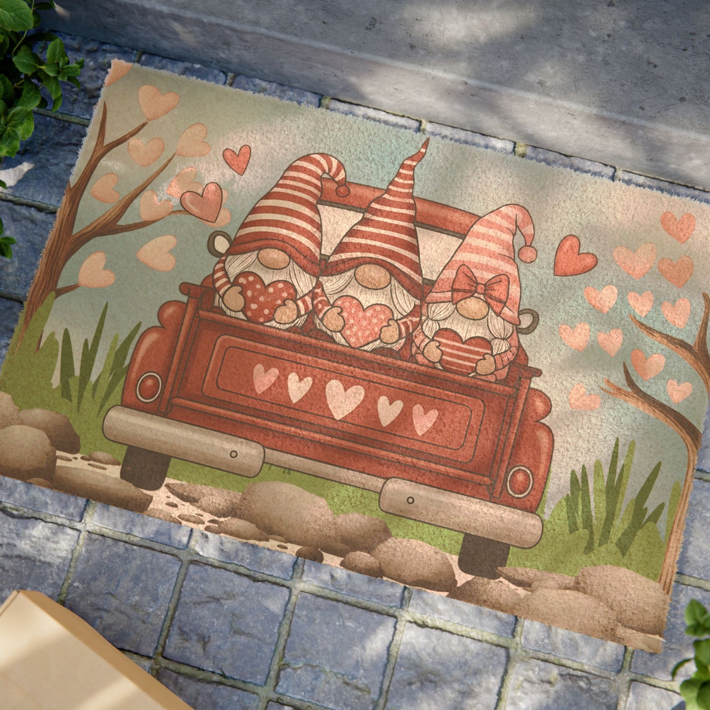 Valentine Gnome Truck Doormat — Cute Heart Porch Welcome Mat