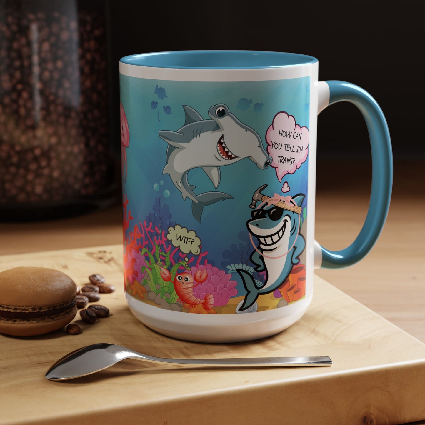 Ceramic Coffee Mug — Funny Tropical Sharks "How Can You Tell I’m Trans?"