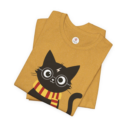 Wizard Cat Graphic Tee – Cute Black Cat with Scarf & Lightning Bolt