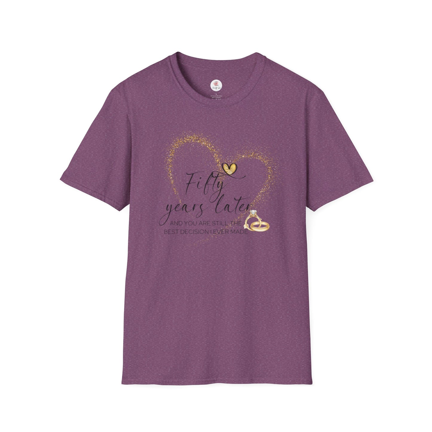 50th Anniversary T-Shirt – "Fifty Years Later" Gold Heart & Rings Celebration Tee
