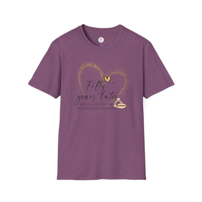 50th Anniversary T-Shirt – "Fifty Years Later" Gold Heart & Rings Celebration Tee