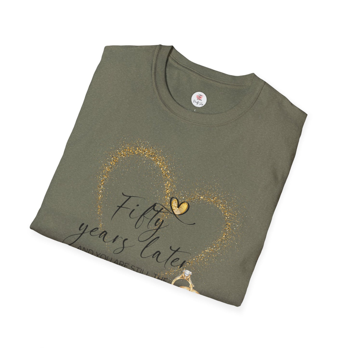 50th Anniversary T-Shirt – "Fifty Years Later" Gold Heart & Rings Celebration Tee