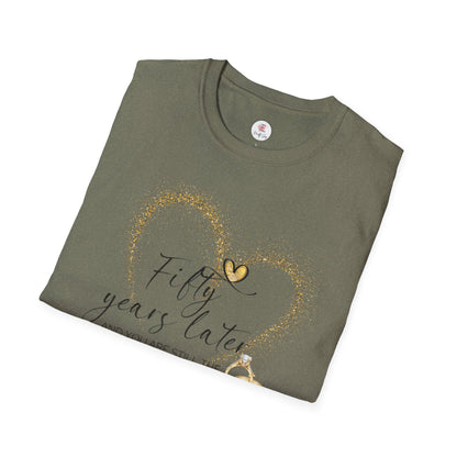 50th Anniversary T-Shirt – "Fifty Years Later" Gold Heart & Rings Celebration Tee