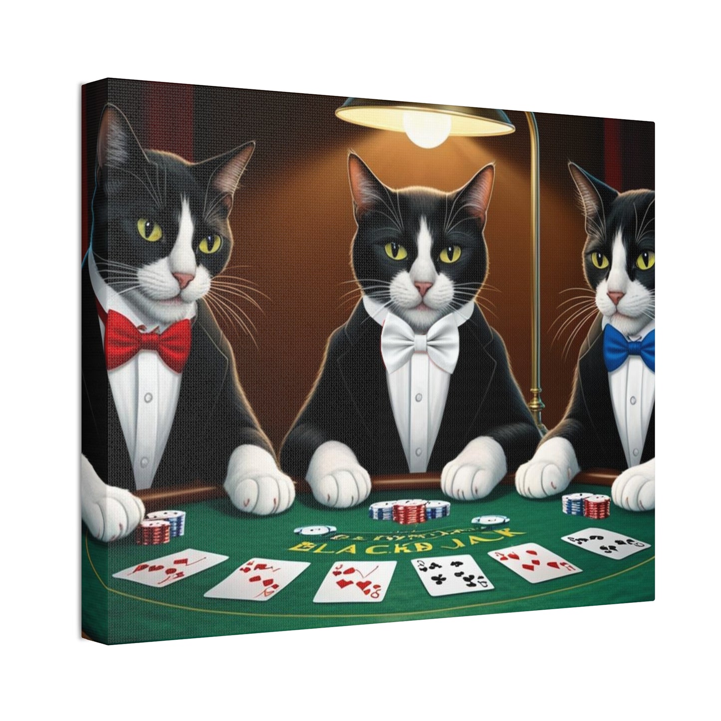 Patriotic Cats Blackjack Night Canvas Print — Tuxedo Cats with Red, White & Blue Bowties