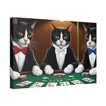 Patriotic Cats Blackjack Night Canvas Print — Tuxedo Cats with Red, White & Blue Bowties