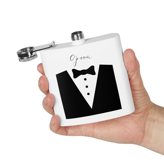 Groom 6-oz Stainless Steel Flask — Wedding Tuxedo Groomsmen Gift