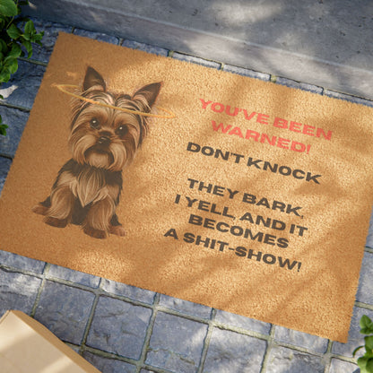 Funny Yorkie Welcome Mat with a Warning!