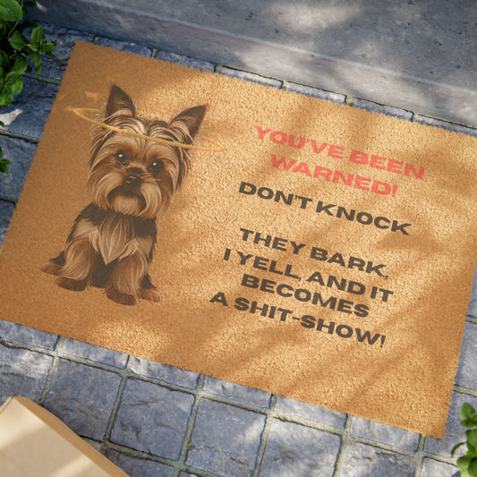 Funny Yorkie Welcome Mat with a Warning!