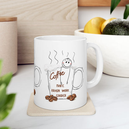 Coffee Mug – "Coffee Makes Brain Work Gooder" Cute Hand-Drawn Ceramic Coffee Cup