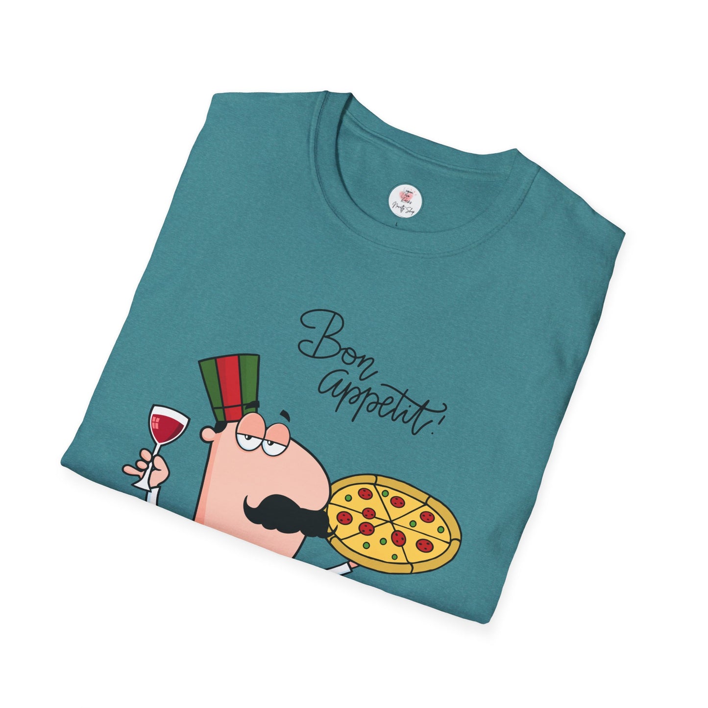 Pizza Chef T-Shirt – "Bon Appetit" Cartoon Italian Pizza & Wine Tee