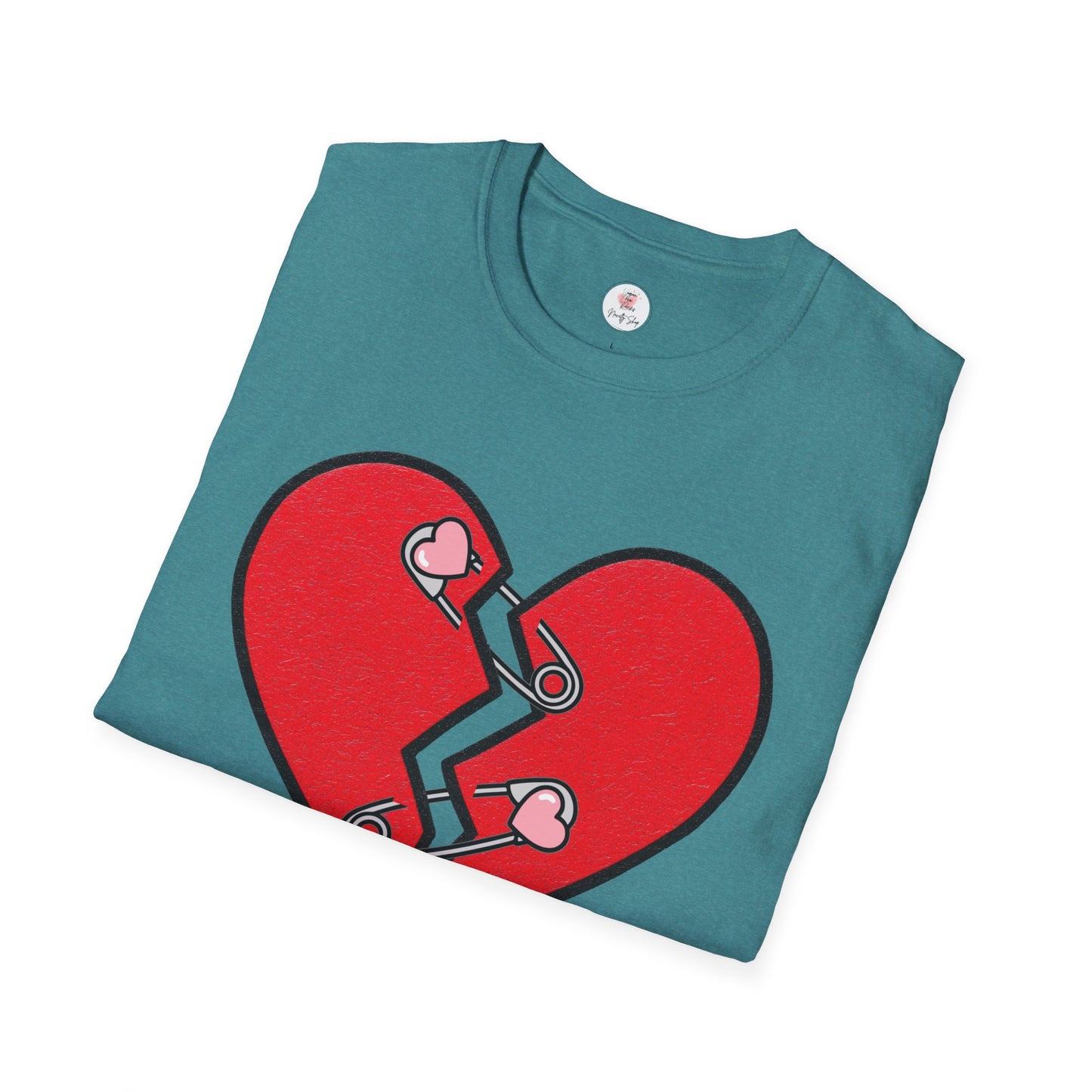 Mended Broken Heart T-Shirt —  Cracked Heart with Safety Pins Graphic