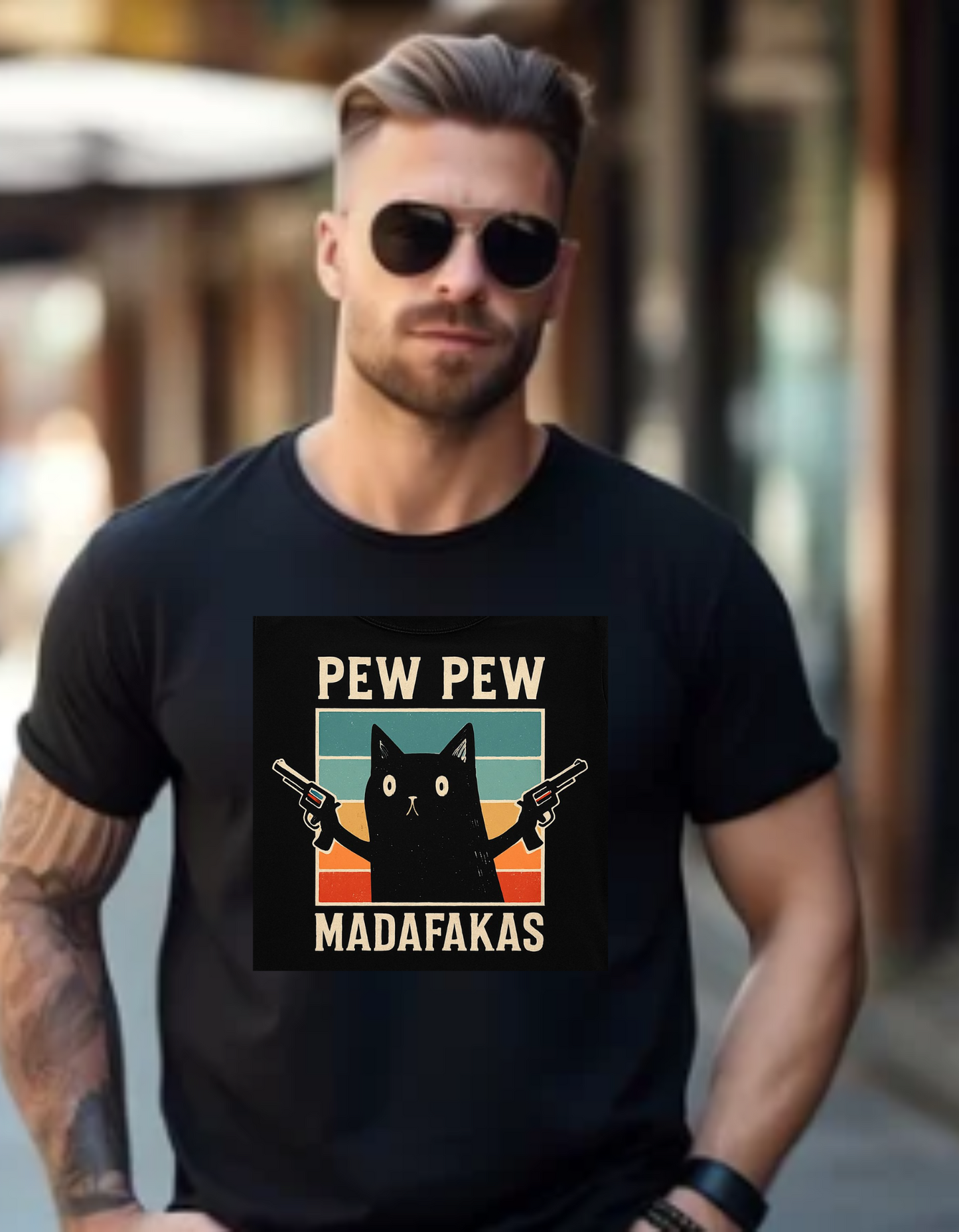 Funny Cat Pew Pew Madafakas Crew Neck T-Shirt