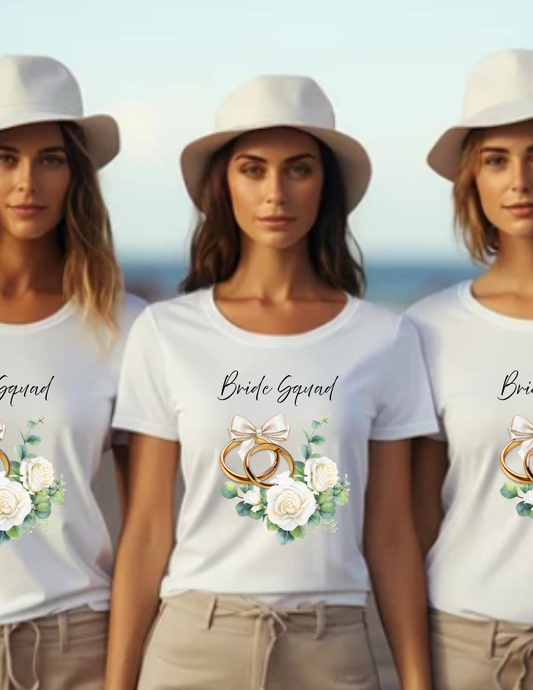 Bride Squad T‑Shirt — Floral Wedding Party Tee with Gold Rings