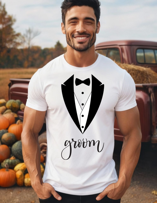 Groom T-Shirt — Wedding Tuxedo Graphic Tee for Grooms & Rehearsal