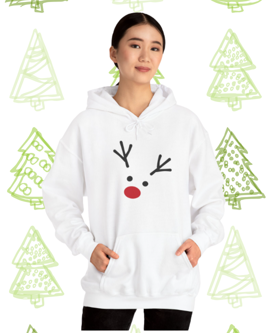 Cute Minimal Reindeer Hoodie — Red Nose Christmas Sweatshirt