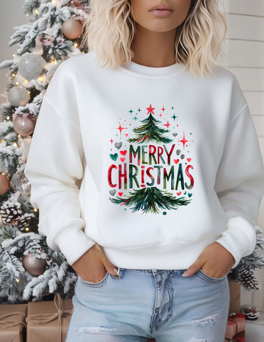 Merry Christmas Crewneck Sweatshirt — Festive Tree Holiday Sweatshirt
