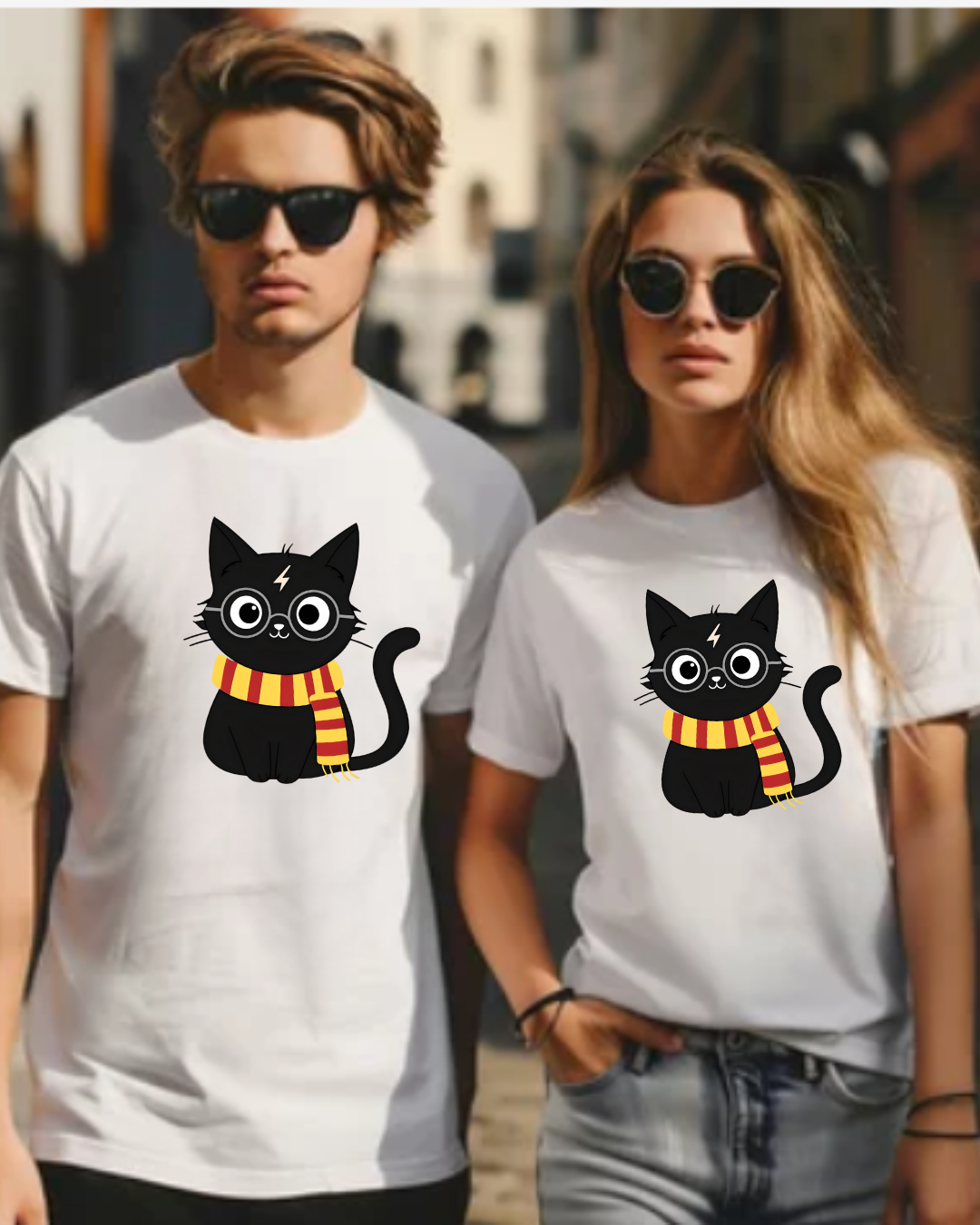 Wizard Cat Graphic Tee – Cute Black Cat with Scarf & Lightning Bolt